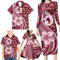 Samoa Teuila Family Matching Long Sleeve Bodycon Dress and Hawaiian Shirt Maroon Samoan Siapo Motifs
