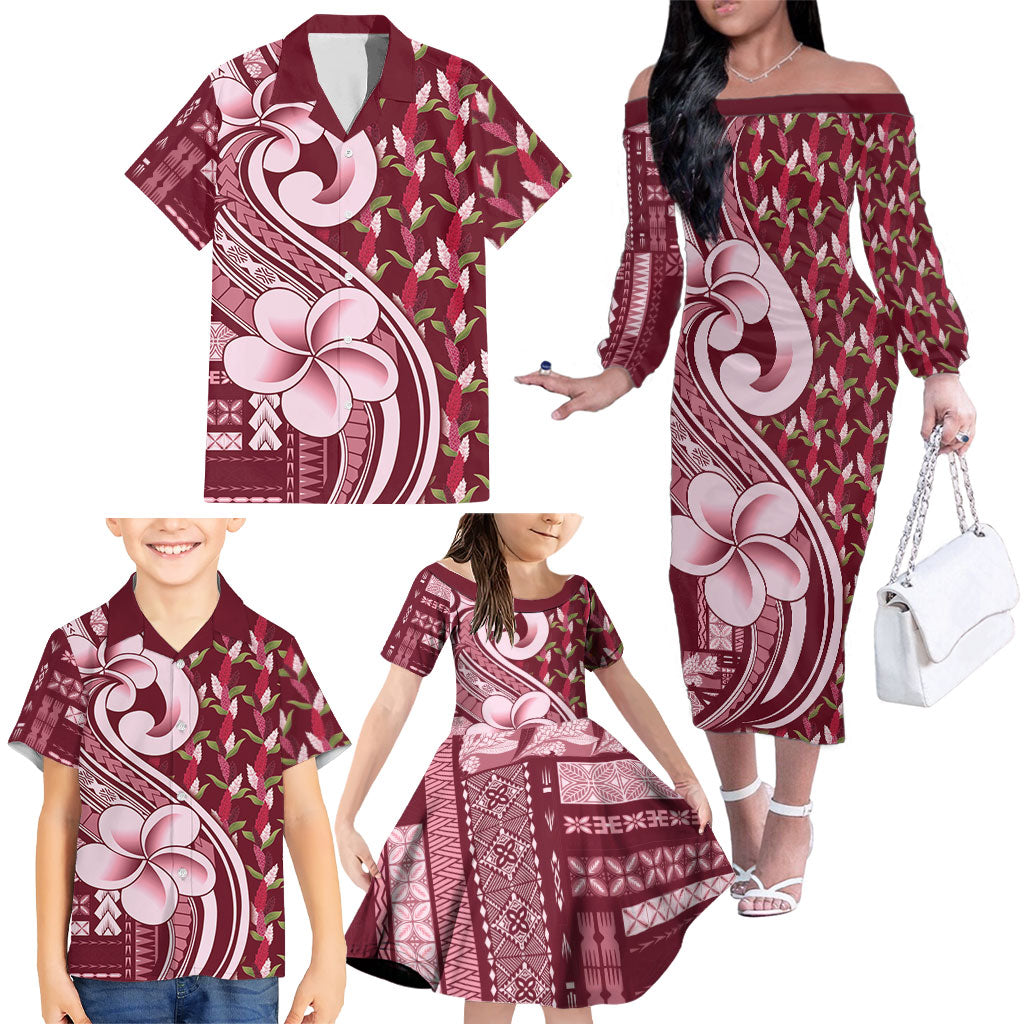 Samoa Teuila Family Matching Off The Shoulder Long Sleeve Dress and Hawaiian Shirt Maroon Samoan Siapo Motifs