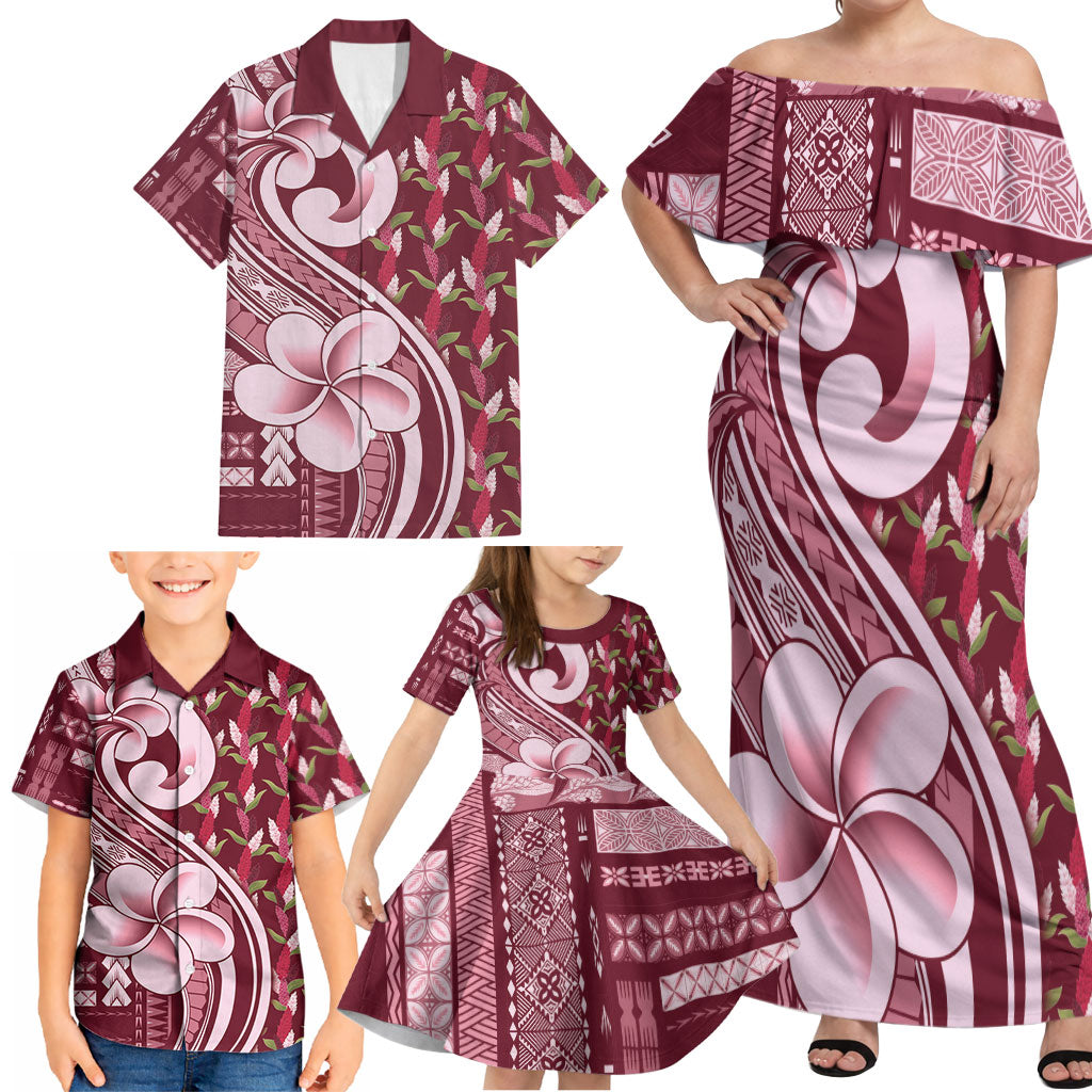 Samoa Teuila Family Matching Off Shoulder Maxi Dress and Hawaiian Shirt Maroon Samoan Siapo Motifs LT05 - Polynesian Pride