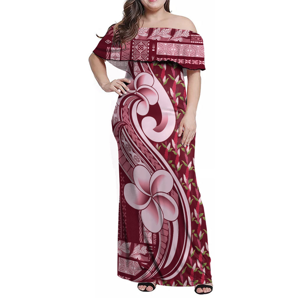Samoa Teuila Family Matching Off Shoulder Maxi Dress and Hawaiian Shirt Maroon Samoan Siapo Motifs