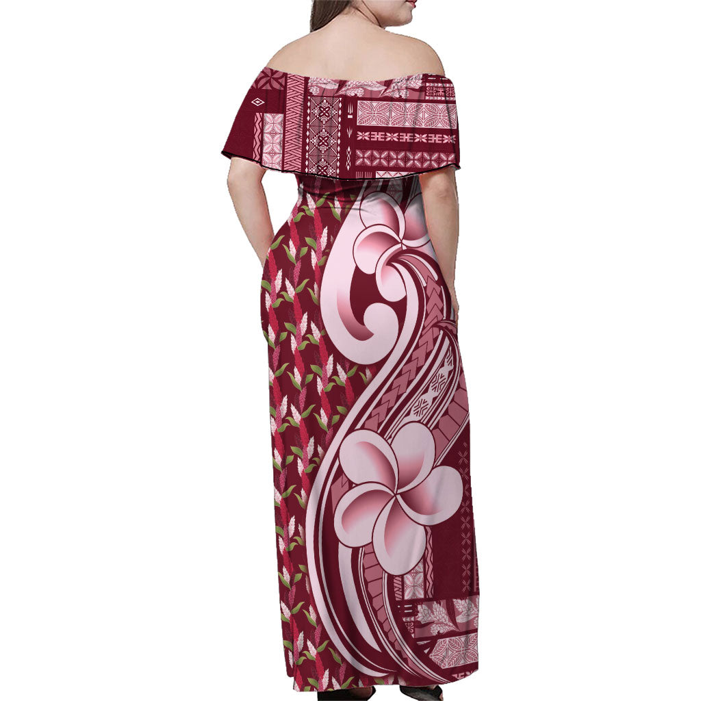 Samoa Teuila Family Matching Off Shoulder Maxi Dress and Hawaiian Shirt Maroon Samoan Siapo Motifs