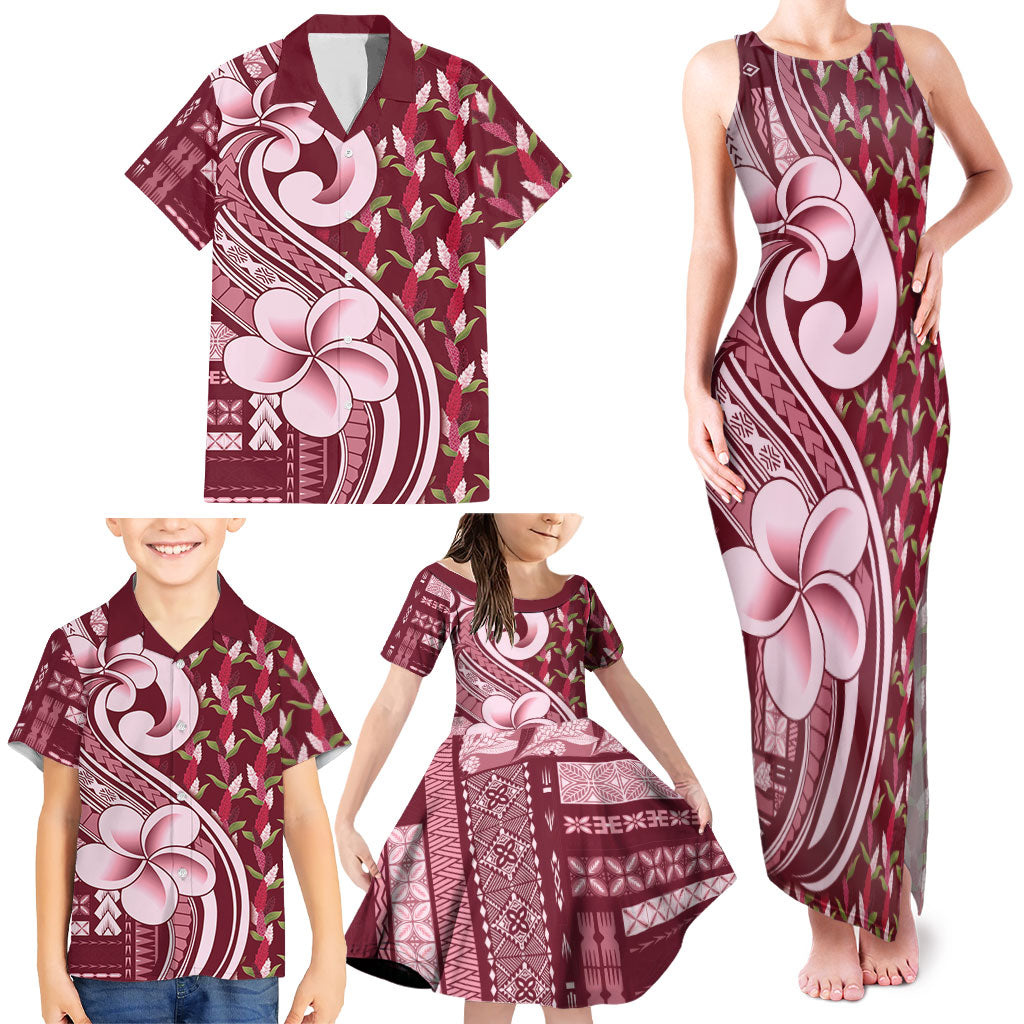 Samoa Teuila Family Matching Tank Maxi Dress and Hawaiian Shirt Maroon Samoan Siapo Motifs