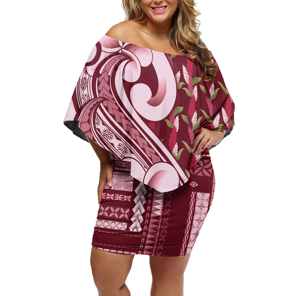 Samoa Teuila Off Shoulder Short Dress Maroon Samoan Siapo Motifs