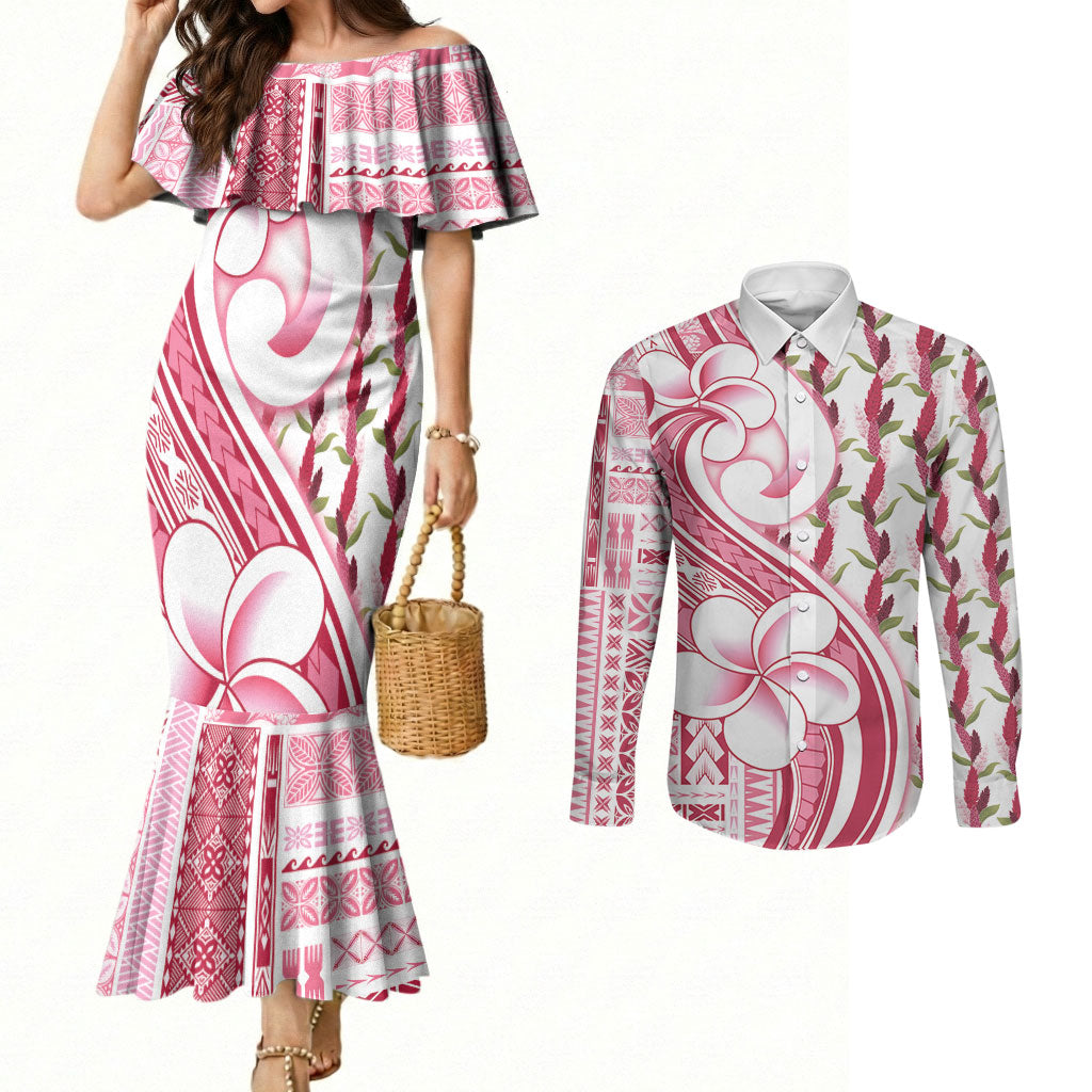 Samoa Teuila Couples Matching Mermaid Dress and Long Sleeve Button Shirt White Samoan Siapo Motifs LT05 White - Polynesian Pride