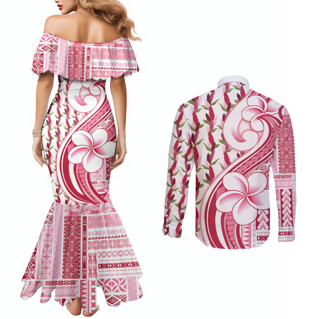 Samoa Teuila Couples Matching Mermaid Dress and Long Sleeve Button Shirt White Samoan Siapo Motifs