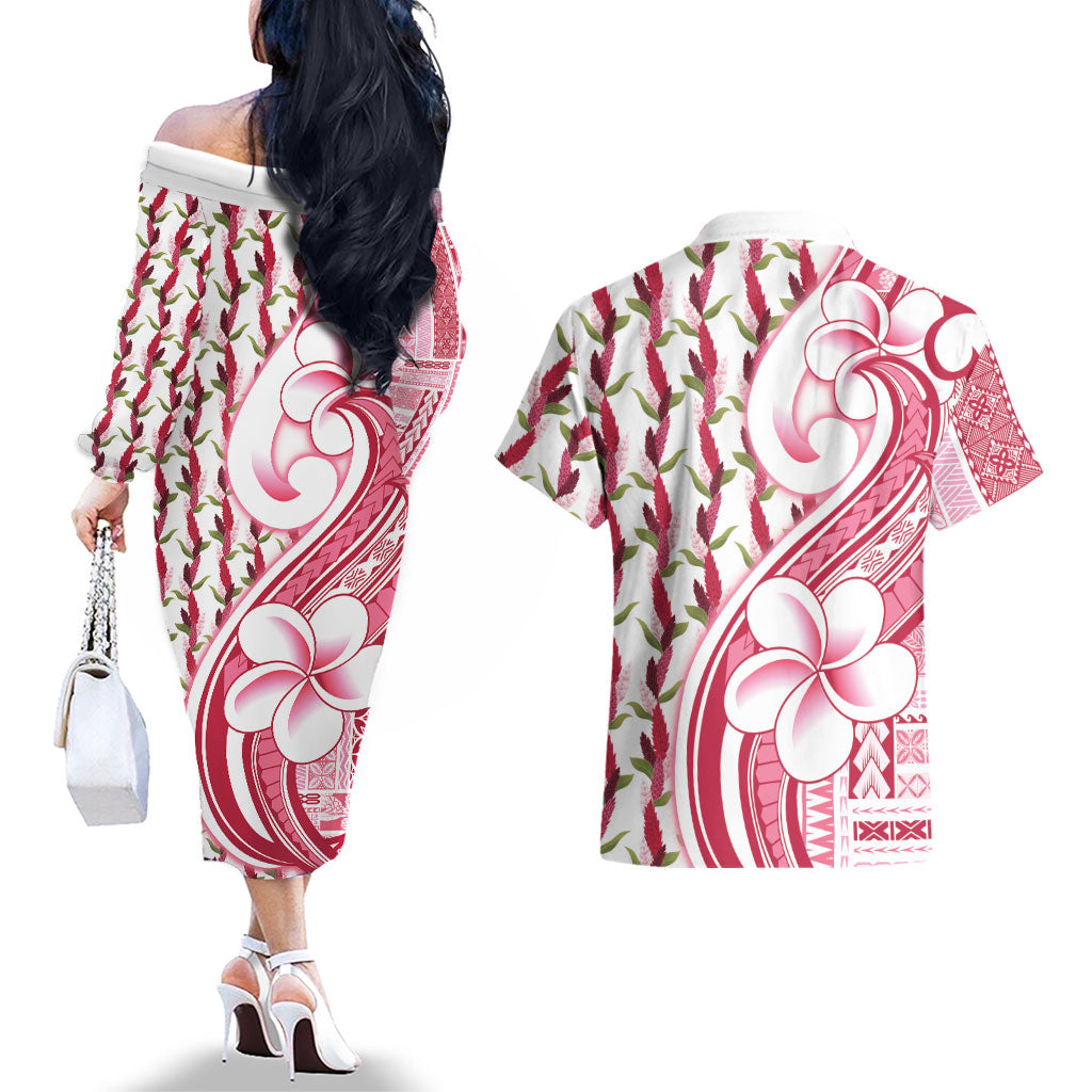 Samoa Teuila Couples Matching Off The Shoulder Long Sleeve Dress and Hawaiian Shirt White Samoan Siapo Motifs