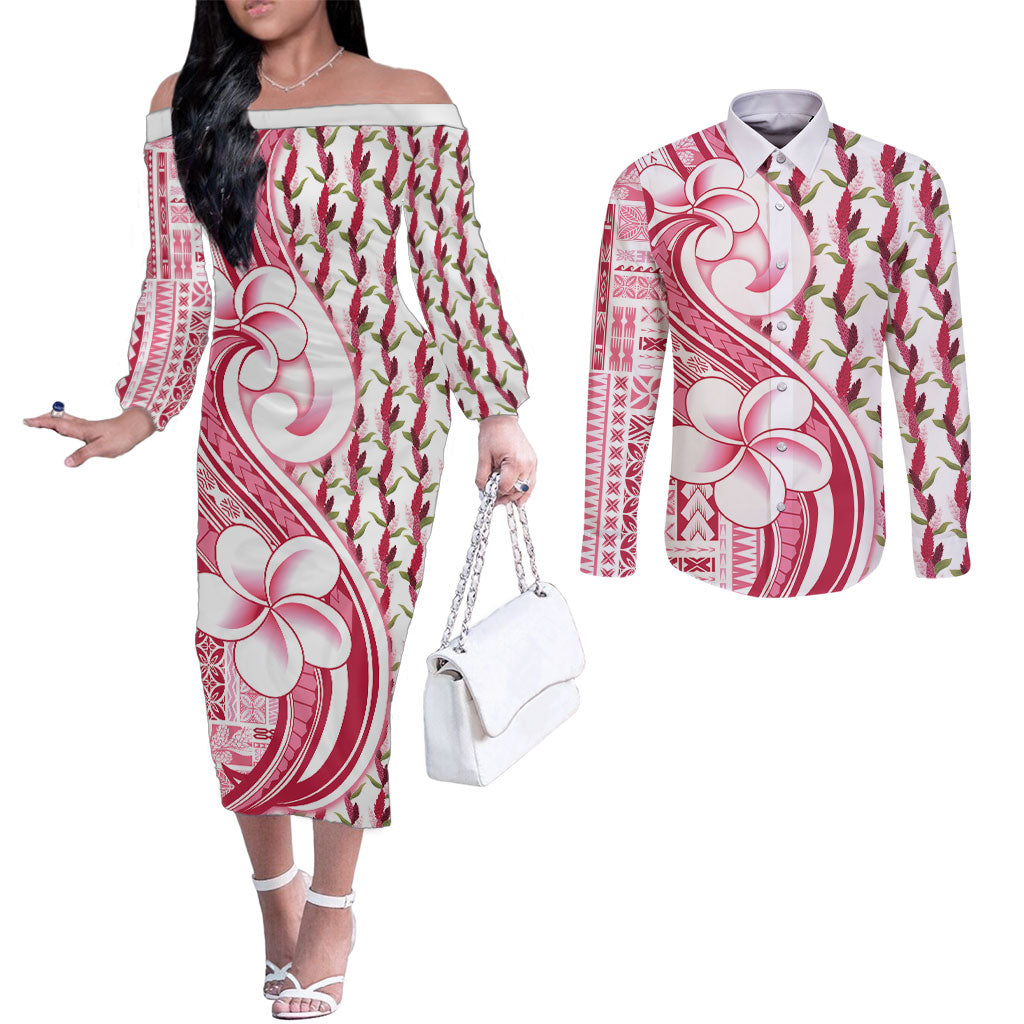 Samoa Teuila Couples Matching Off The Shoulder Long Sleeve Dress and Long Sleeve Button Shirt White Samoan Siapo Motifs