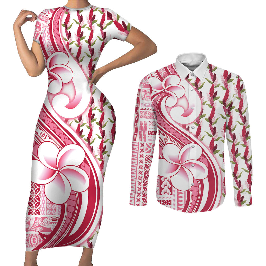 Samoa Teuila Couples Matching Short Sleeve Bodycon Dress and Long Sleeve Button Shirt White Samoan Siapo Motifs