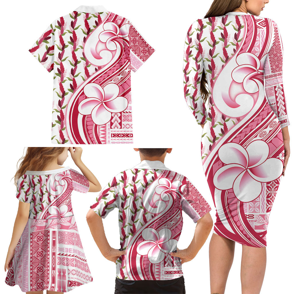 Samoa Teuila Family Matching Long Sleeve Bodycon Dress and Hawaiian Shirt White Samoan Siapo Motifs