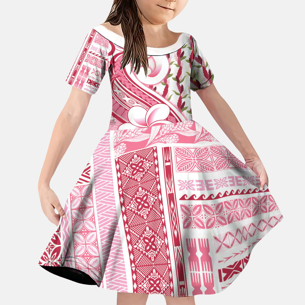 Samoa Teuila Family Matching Off Shoulder Short Dress and Hawaiian Shirt White Samoan Siapo Motifs