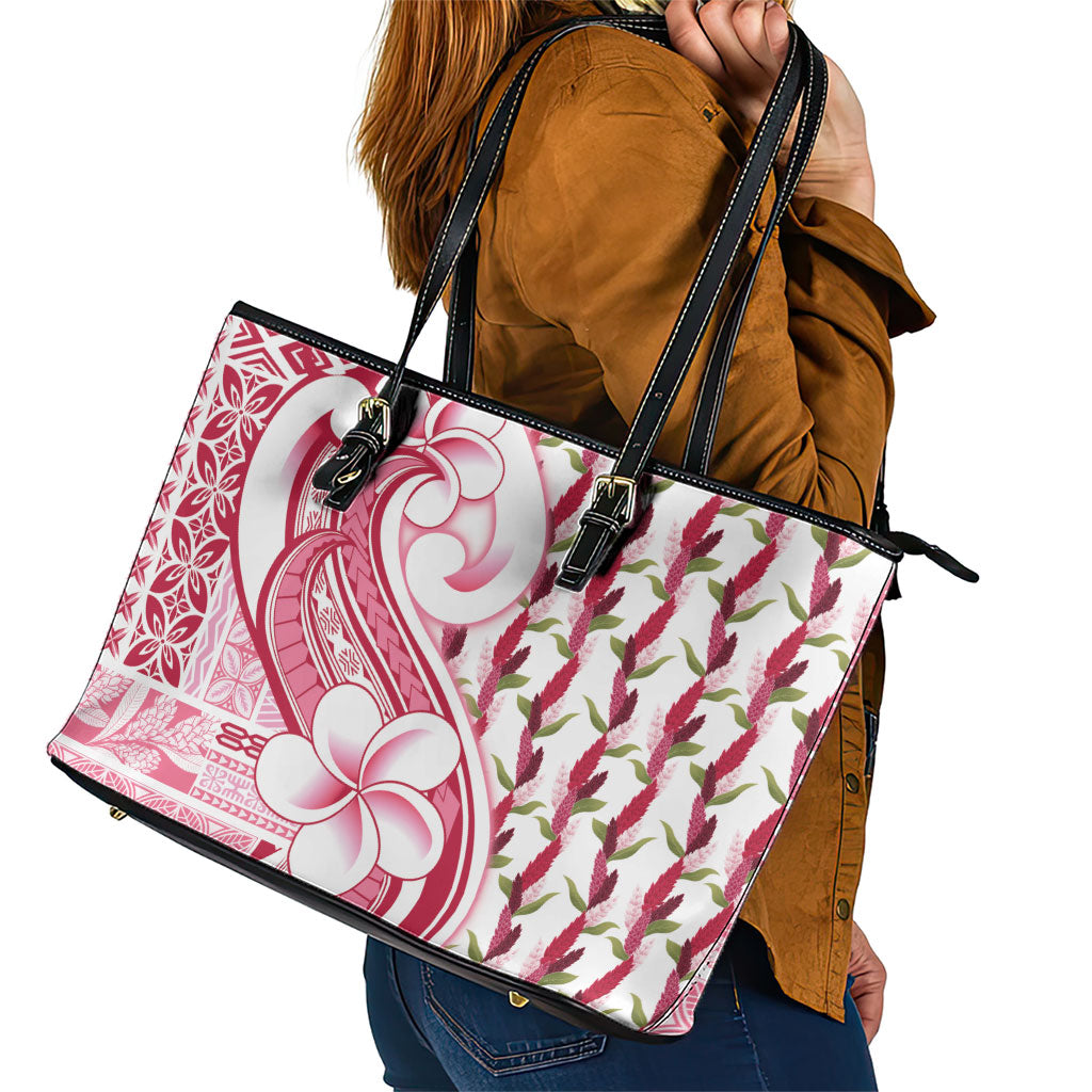 Samoa Teuila Leather Tote Bag White Samoan Siapo Motifs