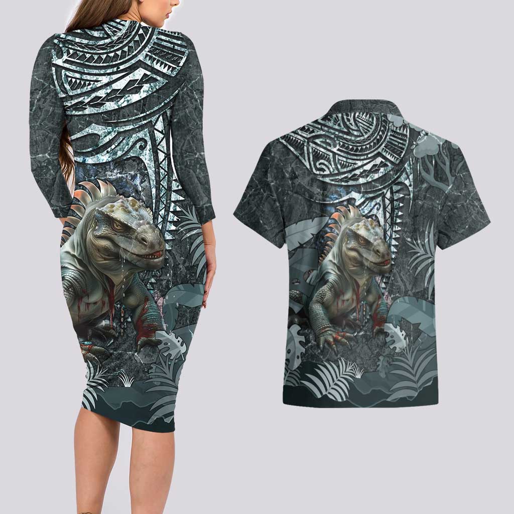 Hawaii Mo'o Lizard God Couples Matching Long Sleeve Bodycon Dress and Hawaiian Shirt Polynesian Style