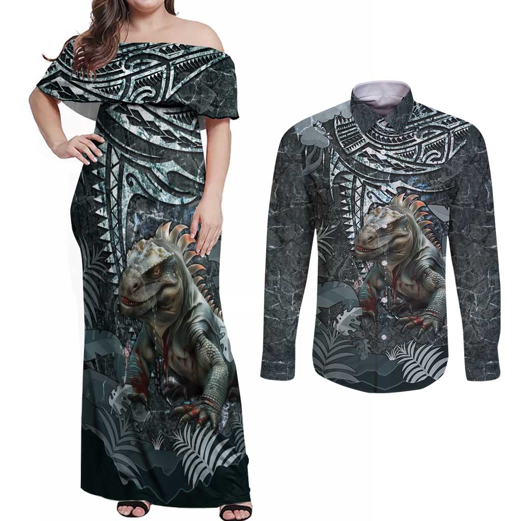 Hawaii Mo'o Lizard God Couples Matching Off Shoulder Maxi Dress and Long Sleeve Button Shirt Polynesian Style