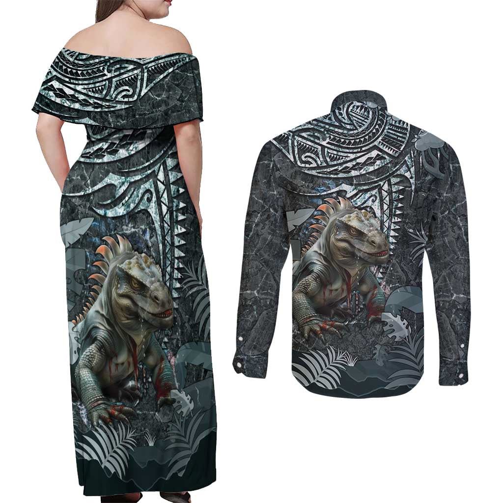 Hawaii Mo'o Lizard God Couples Matching Off Shoulder Maxi Dress and Long Sleeve Button Shirt Polynesian Style