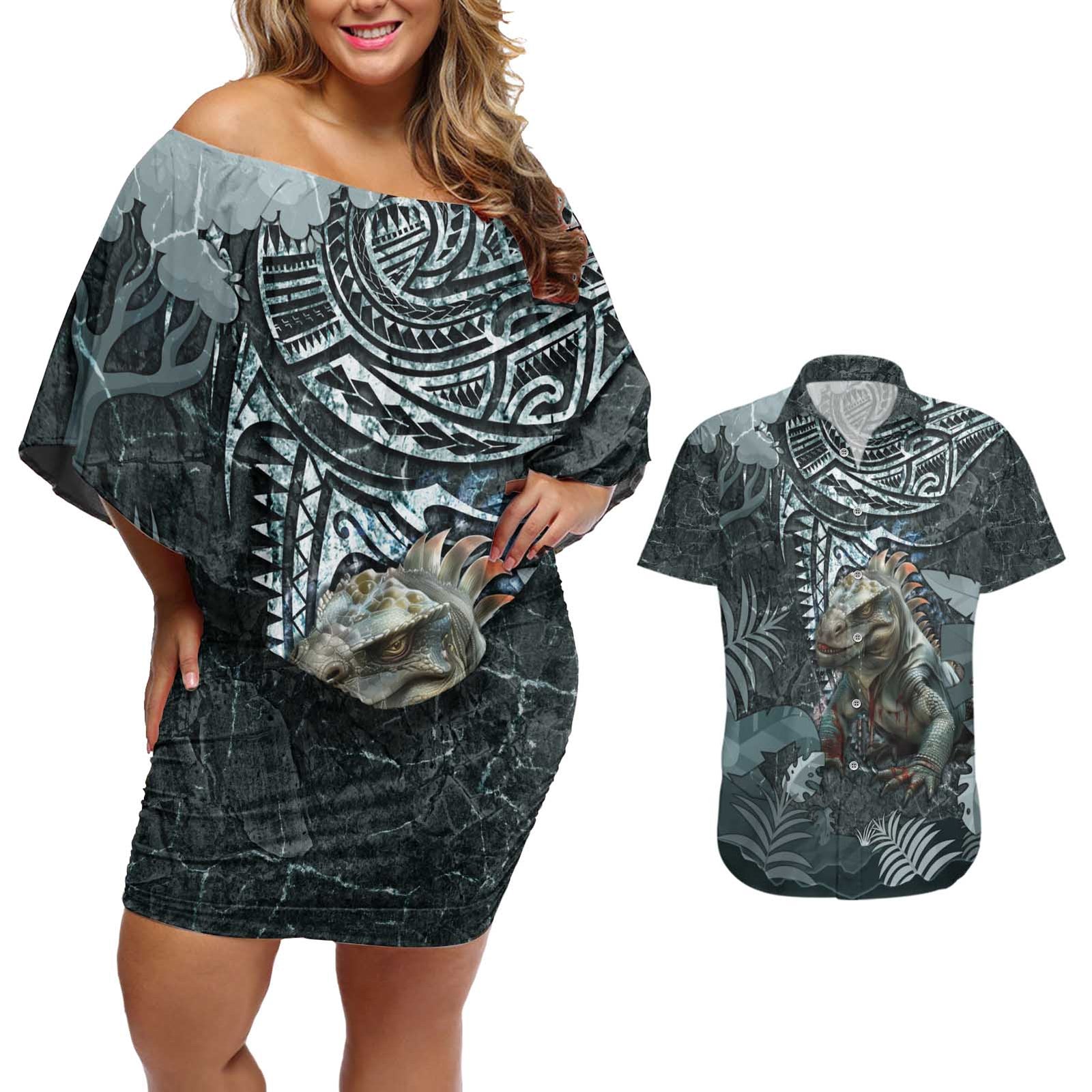 Hawaii Mo'o Lizard God Couples Matching Off Shoulder Short Dress and Hawaiian Shirt Polynesian Style