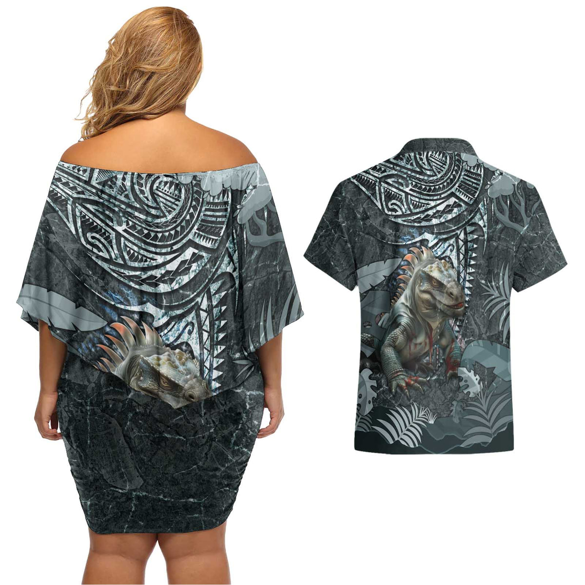Hawaii Mo'o Lizard God Couples Matching Off Shoulder Short Dress and Hawaiian Shirt Polynesian Style