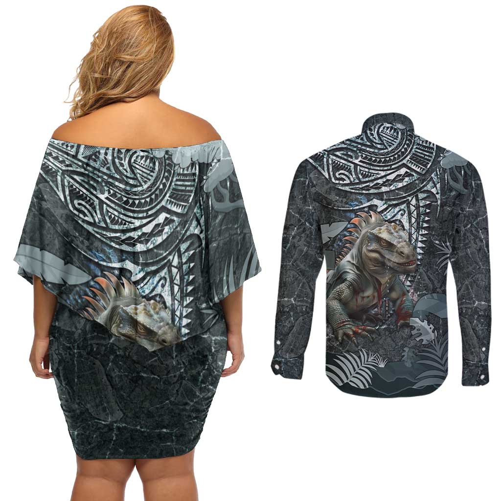 Hawaii Mo'o Lizard God Couples Matching Off Shoulder Short Dress and Long Sleeve Button Shirt Polynesian Style