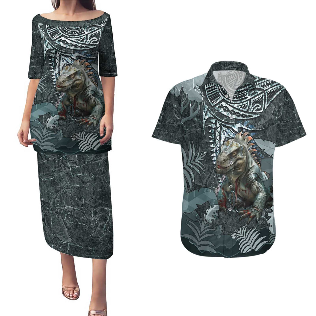 Hawaii Mo'o Lizard God Couples Matching Puletasi and Hawaiian Shirt Polynesian Style
