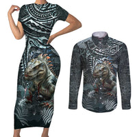 Hawaii Mo'o Lizard God Couples Matching Short Sleeve Bodycon Dress and Long Sleeve Button Shirt Polynesian Style