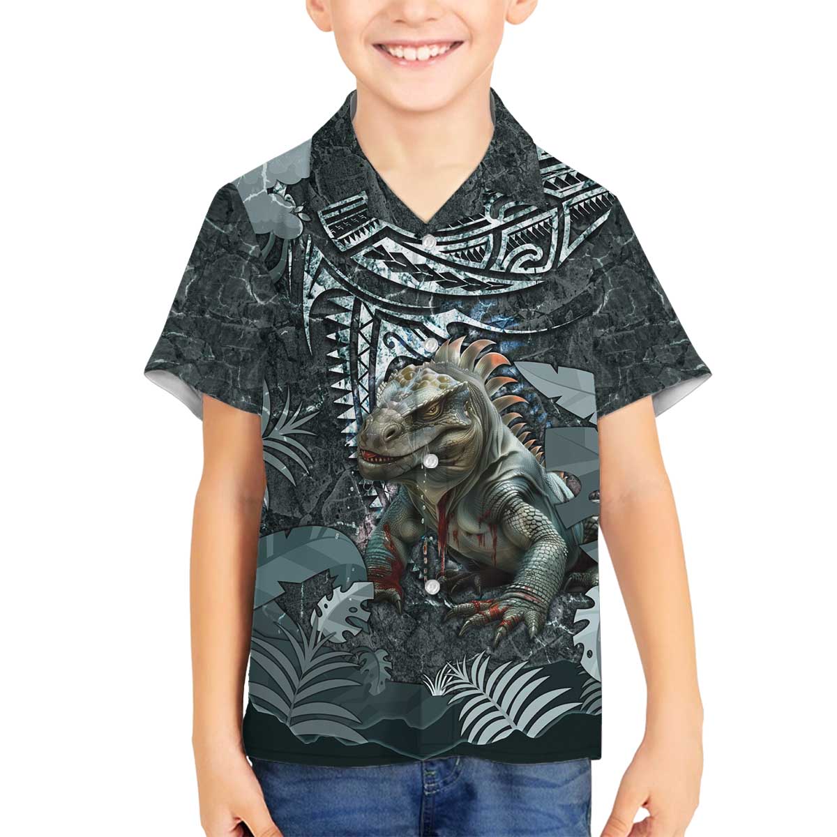 Hawaii Mo'o Lizard God Family Matching Off The Shoulder Long Sleeve Dress and Hawaiian Shirt Polynesian Style