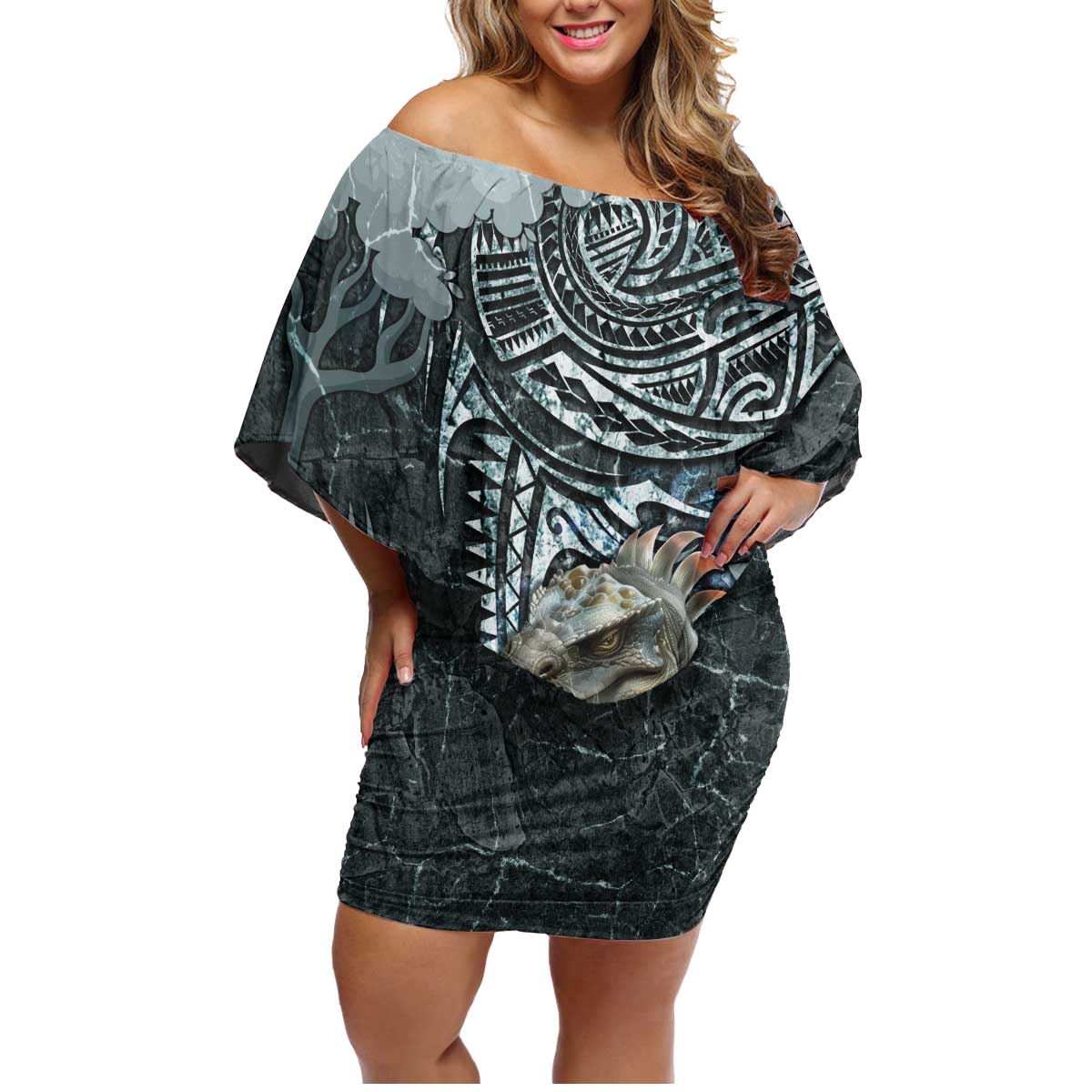 Hawaii Mo'o Lizard God Family Matching Off Shoulder Short Dress and Hawaiian Shirt Polynesian Style