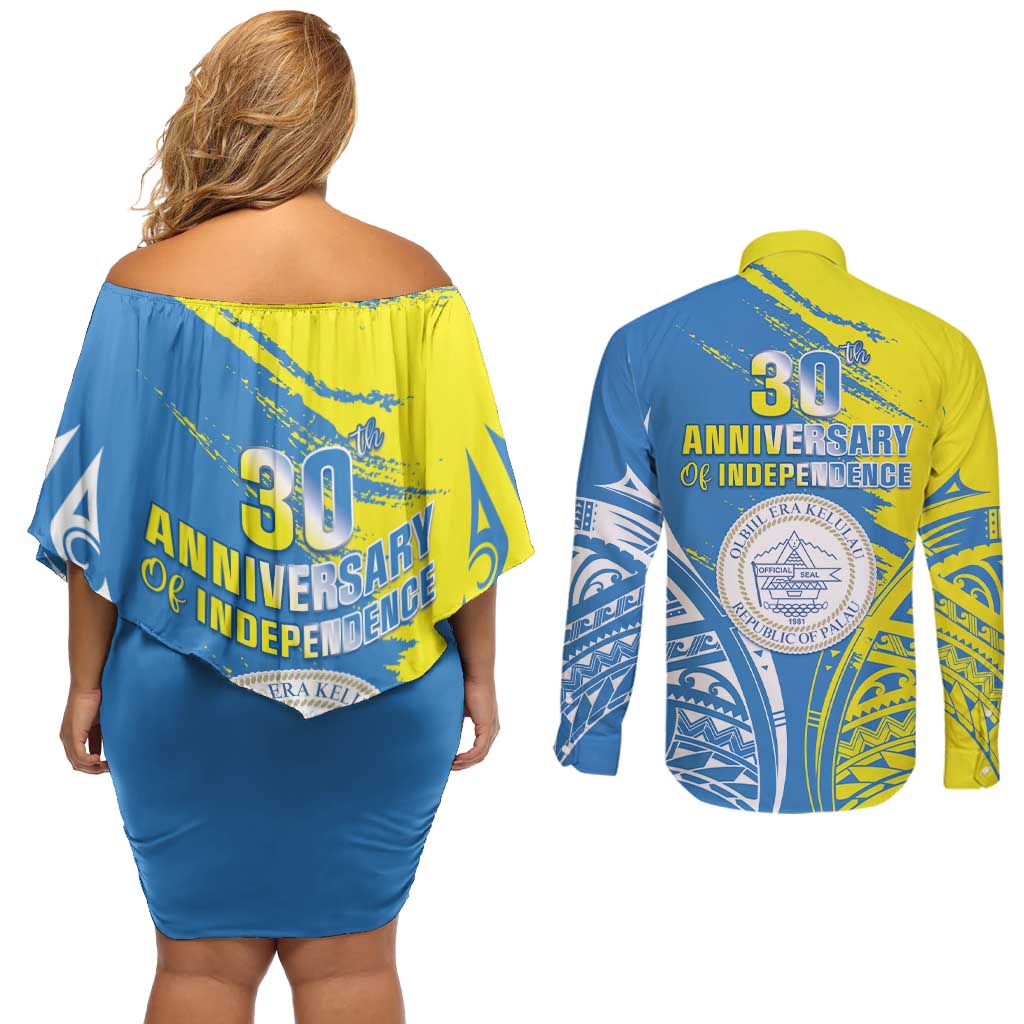 Palau Independence Day Couples Matching Off Shoulder Short Dress and Long Sleeve Button Shirt Happy 30th Anniversary