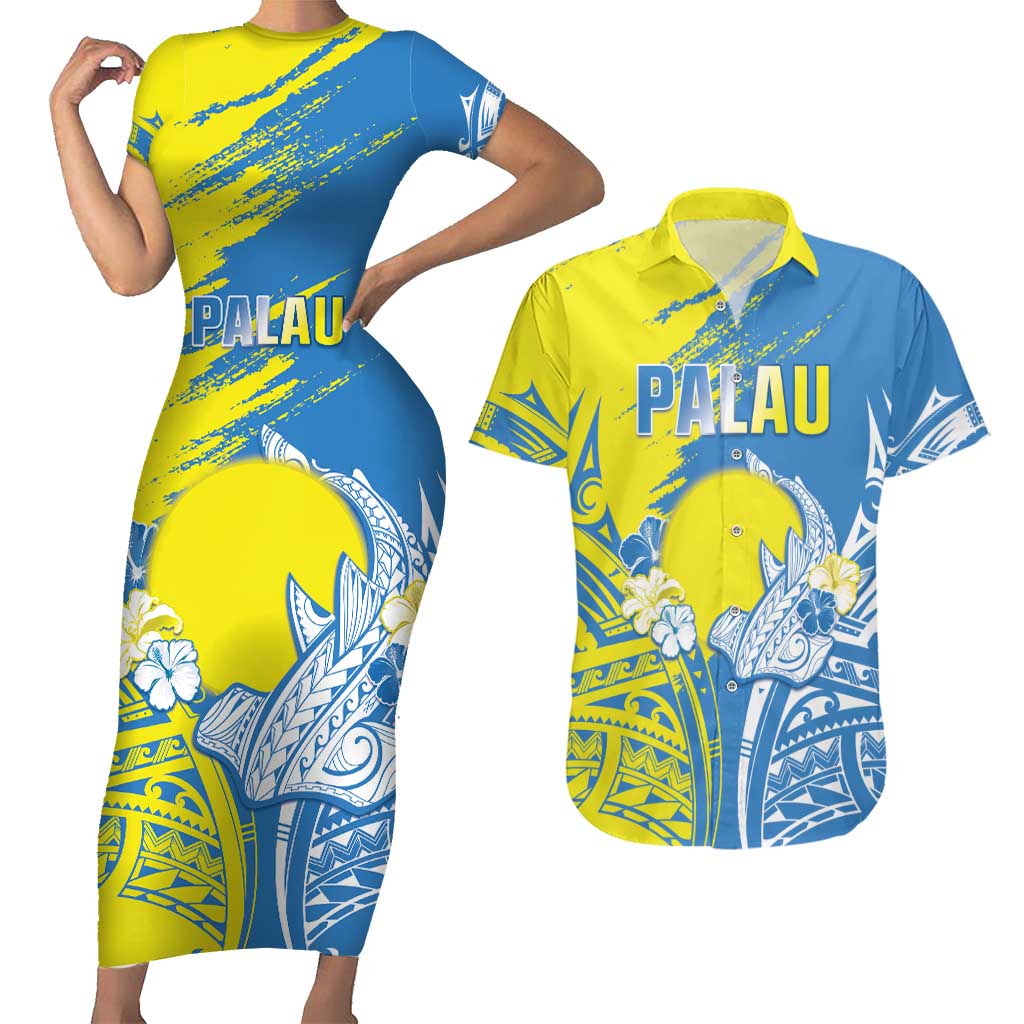 Palau Independence Day Couples Matching Short Sleeve Bodycon Dress and Hawaiian Shirt Happy 30th Anniversary