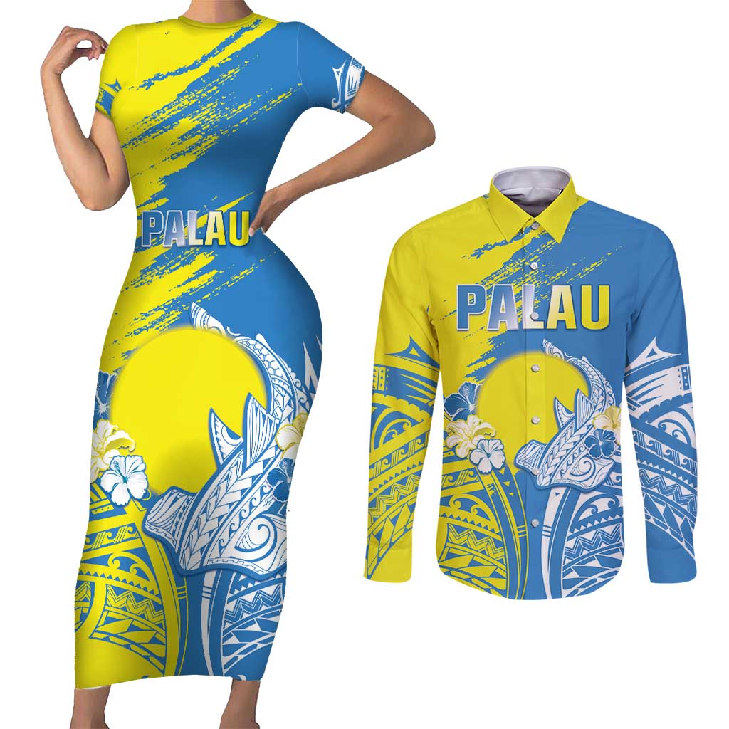 Palau Independence Day Couples Matching Short Sleeve Bodycon Dress and Long Sleeve Button Shirt Happy 30th Anniversary