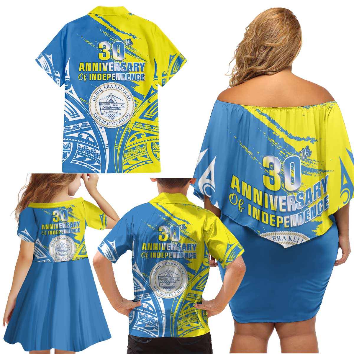 Palau Independence Day Family Matching Off Shoulder Short Dress and Hawaiian Shirt Happy 30th Anniversary