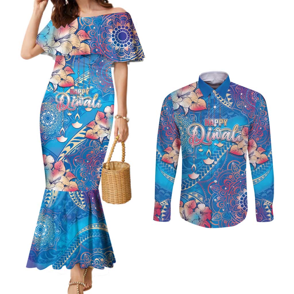 Happy Diwali Festival Couples Matching Mermaid Dress and Long Sleeve Button Shirt Diya Lamp Rangoli With Polynesian Pattern LT05 Blue - Polynesian Pride
