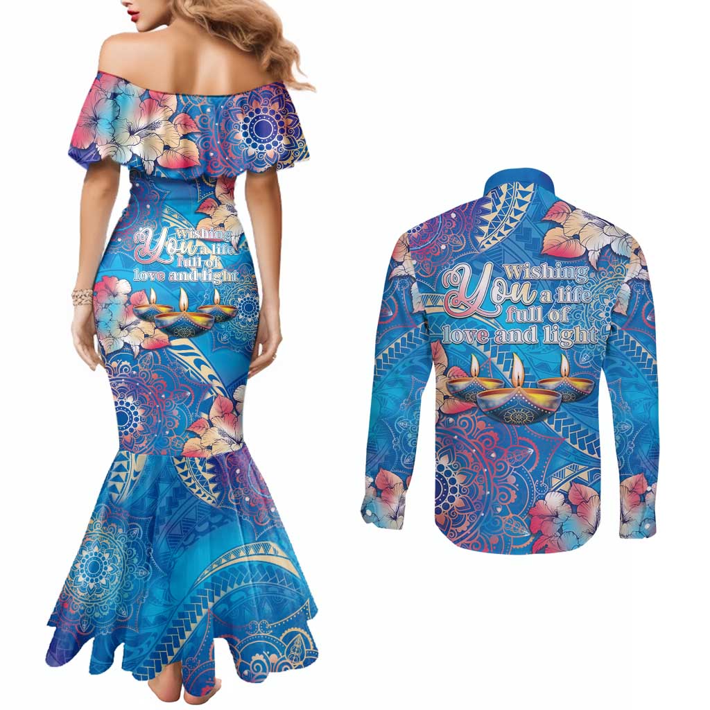 Happy Diwali Festival Couples Matching Mermaid Dress and Long Sleeve Button Shirt Diya Lamp Rangoli With Polynesian Pattern LT05 - Polynesian Pride