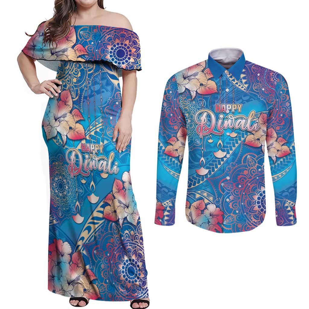 Happy Diwali Festival Couples Matching Off Shoulder Maxi Dress and Long Sleeve Button Shirt Diya Lamp Rangoli With Polynesian Pattern