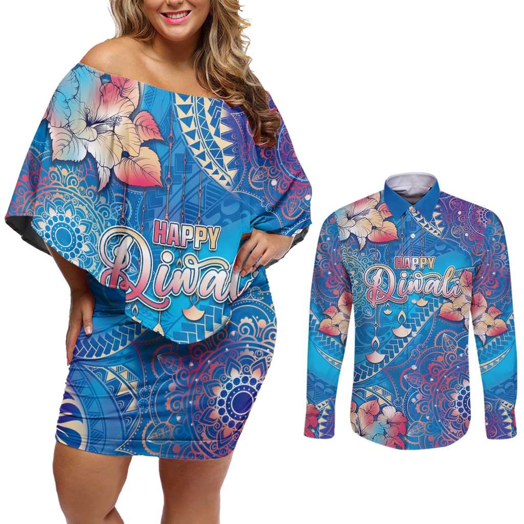 Happy Diwali Festival Couples Matching Off Shoulder Short Dress and Long Sleeve Button Shirt Diya Lamp Rangoli With Polynesian Pattern LT05 Blue - Polynesian Pride
