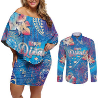 Happy Diwali Festival Couples Matching Off Shoulder Short Dress and Long Sleeve Button Shirt Diya Lamp Rangoli With Polynesian Pattern LT05 Blue - Polynesian Pride