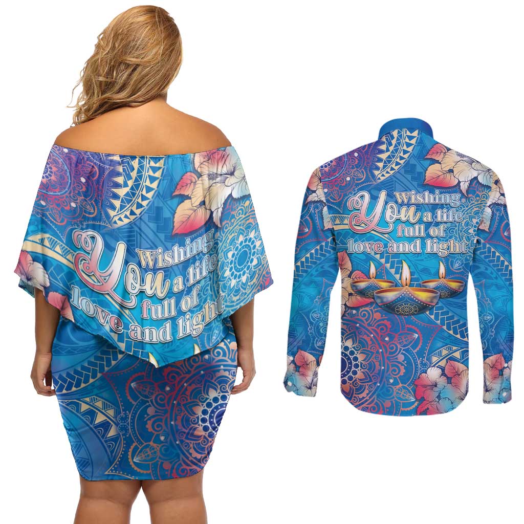 Happy Diwali Festival Couples Matching Off Shoulder Short Dress and Long Sleeve Button Shirt Diya Lamp Rangoli With Polynesian Pattern LT05 - Polynesian Pride