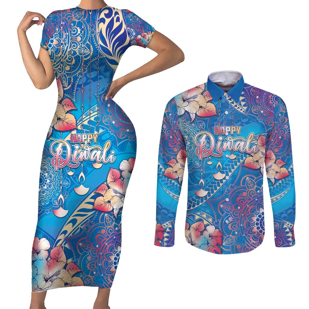 Happy Diwali Festival Couples Matching Short Sleeve Bodycon Dress and Long Sleeve Button Shirt Diya Lamp Rangoli With Polynesian Pattern
