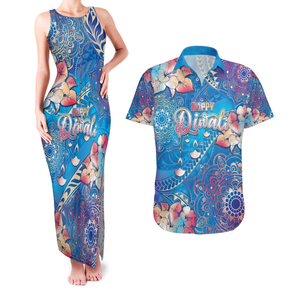 Happy Diwali Festival Couples Matching Tank Maxi Dress and Hawaiian Shirt Diya Lamp Rangoli With Polynesian Pattern