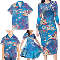Happy Diwali Festival Family Matching Long Sleeve Bodycon Dress and Hawaiian Shirt Diya Lamp Rangoli With Polynesian Pattern LT05 - Polynesian Pride