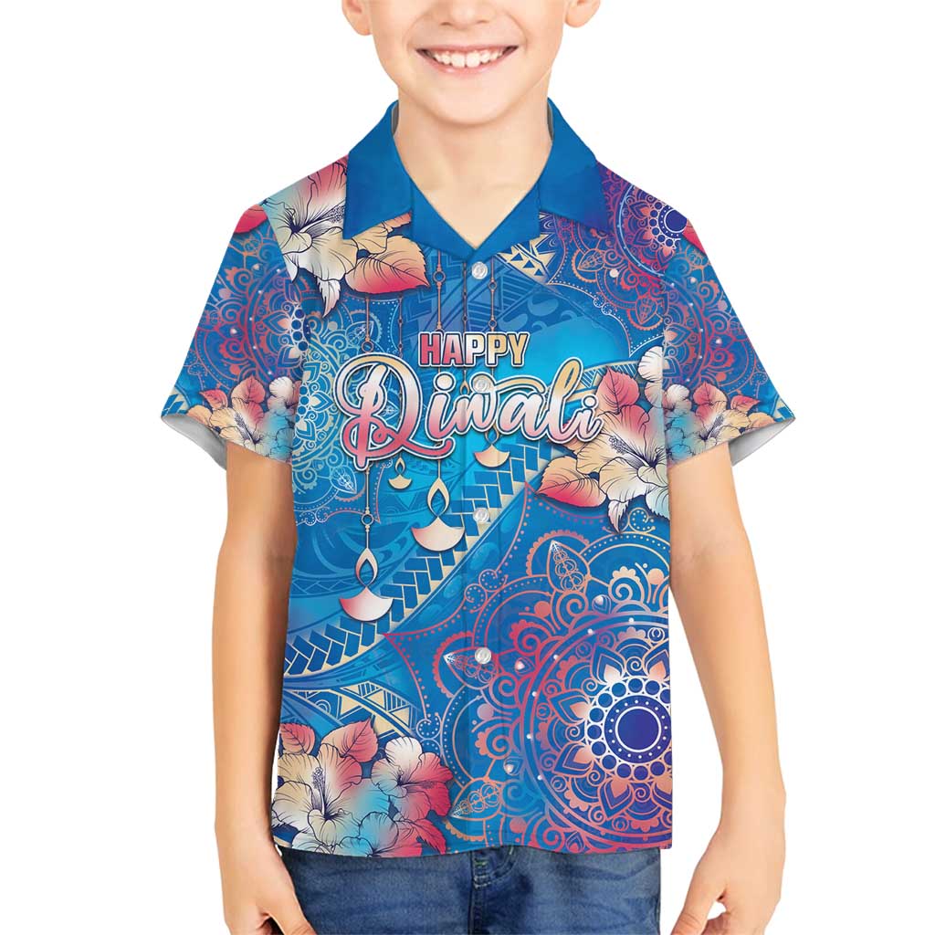 Happy Diwali Festival Family Matching Long Sleeve Bodycon Dress and Hawaiian Shirt Diya Lamp Rangoli With Polynesian Pattern LT05 Son's Shirt Blue - Polynesian Pride