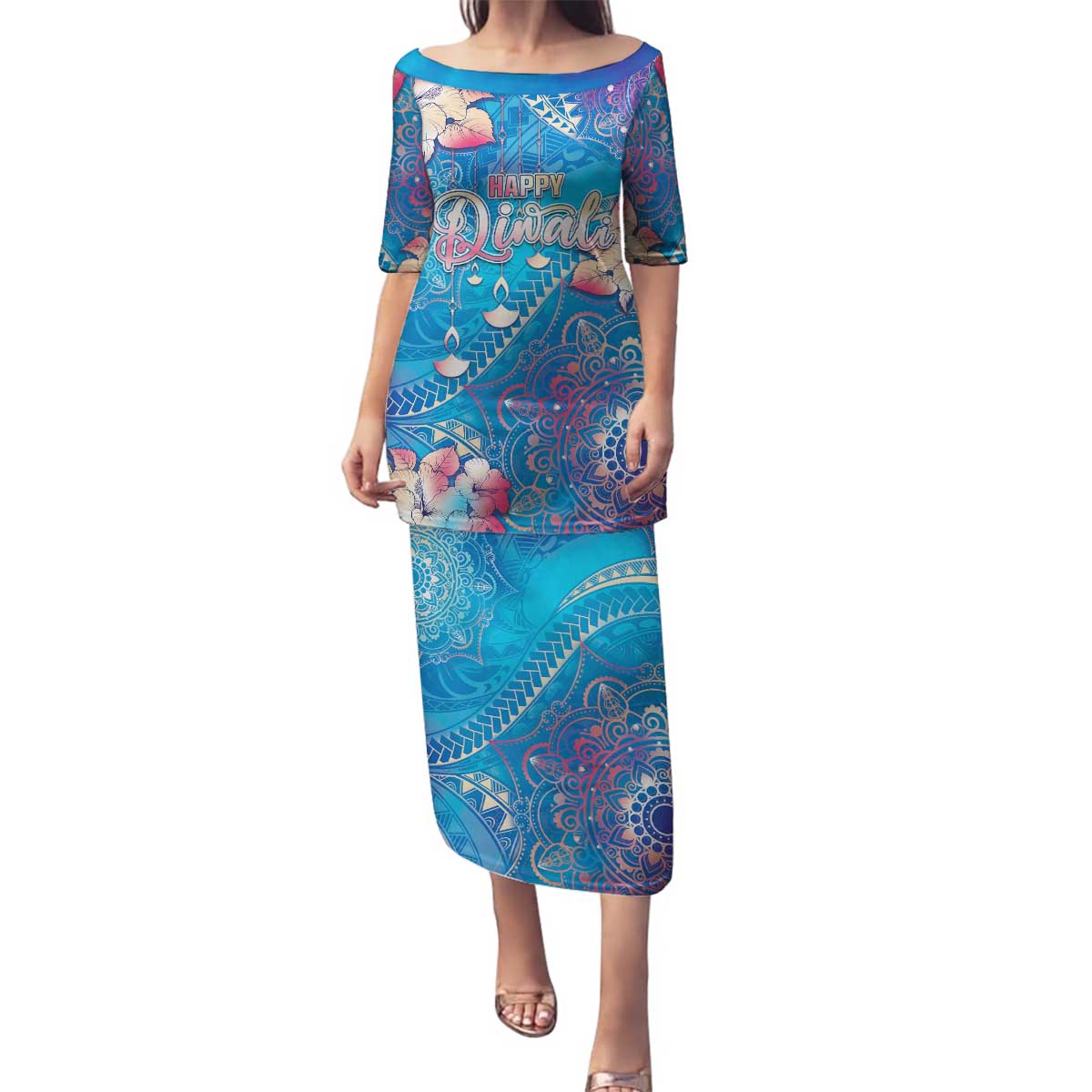 Happy Diwali Festival Family Matching Puletasi and Hawaiian Shirt Diya Lamp Rangoli With Polynesian Pattern LT05 Mom's Dress Blue - Polynesian Pride