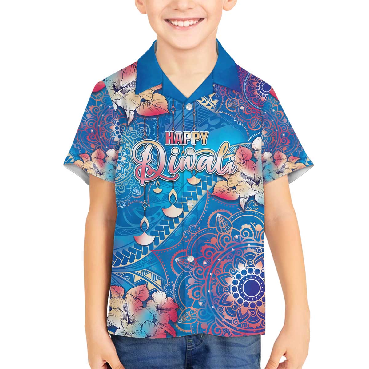 Happy Diwali Festival Family Matching Puletasi and Hawaiian Shirt Diya Lamp Rangoli With Polynesian Pattern LT05 Son's Shirt Blue - Polynesian Pride