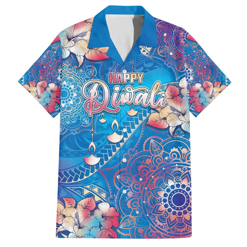Happy Diwali Festival Family Matching Short Sleeve Bodycon Dress and Hawaiian Shirt Diya Lamp Rangoli With Polynesian Pattern LT05 Dad's Shirt - Short Sleeve Blue - Polynesian Pride