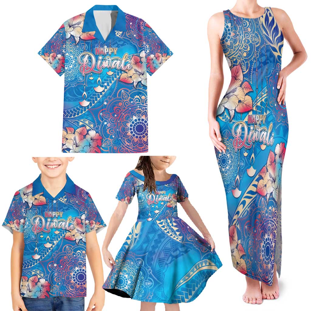 Happy Diwali Festival Family Matching Tank Maxi Dress and Hawaiian Shirt Diya Lamp Rangoli With Polynesian Pattern