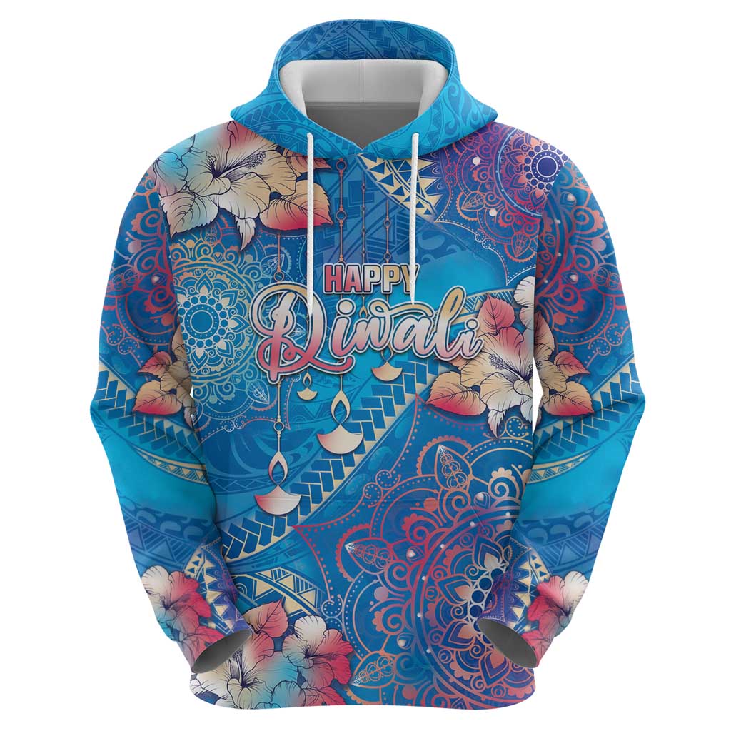 Happy Diwali Festival Hoodie Diya Lamp Rangoli With Polynesian Pattern