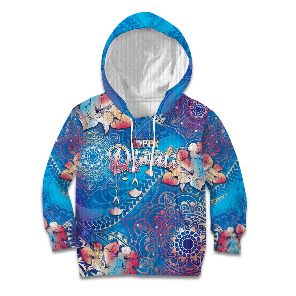 Happy Diwali Festival Kid Hoodie Diya Lamp Rangoli With Polynesian Pattern