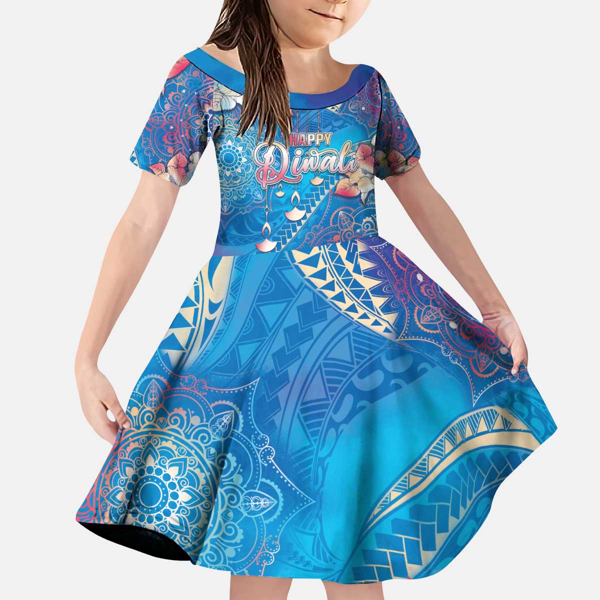Happy Diwali Festival Kid Short Sleeve Dress Diya Lamp Rangoli With Polynesian Pattern