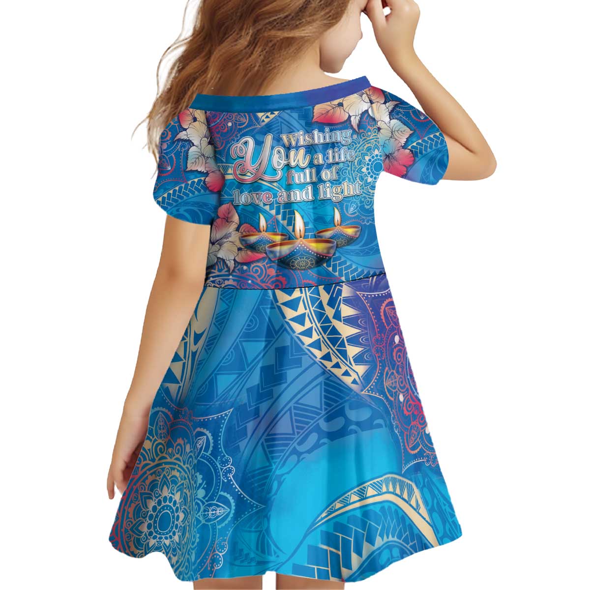Happy Diwali Festival Kid Short Sleeve Dress Diya Lamp Rangoli With Polynesian Pattern