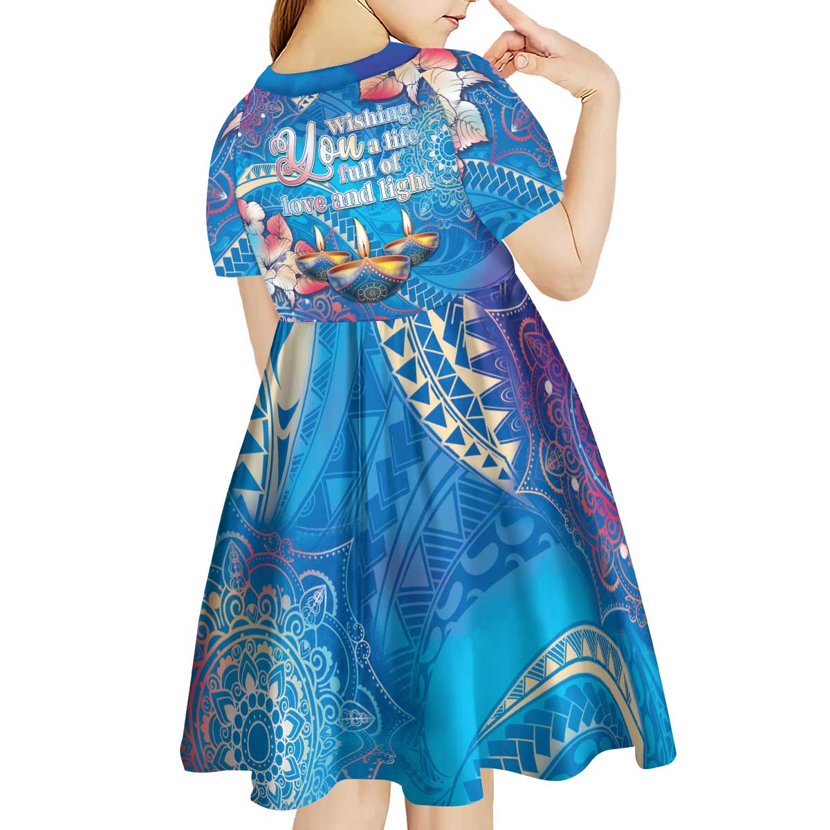 Happy Diwali Festival Kid Short Sleeve Dress Diya Lamp Rangoli With Polynesian Pattern