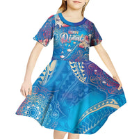 Happy Diwali Festival Kid Short Sleeve Dress Diya Lamp Rangoli With Polynesian Pattern