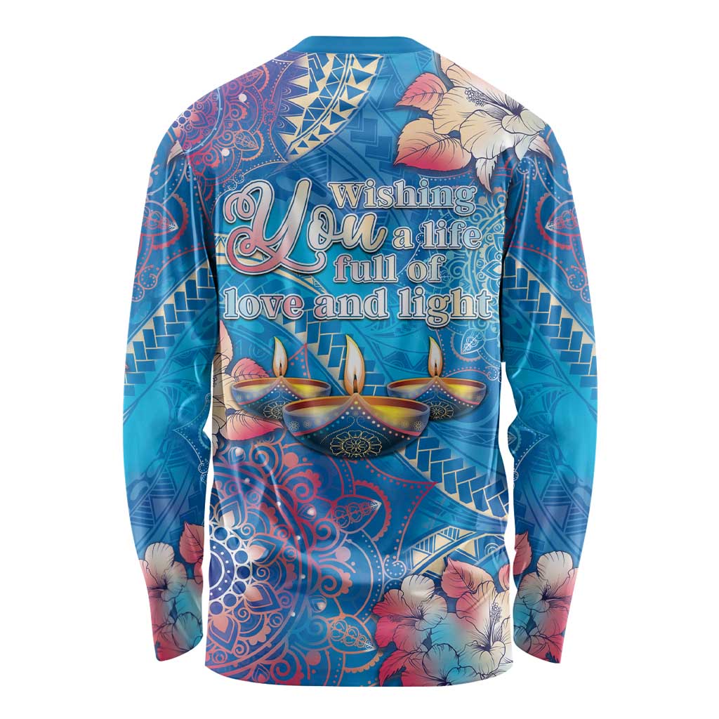 Happy Diwali Festival Long Sleeve Shirt Diya Lamp Rangoli With Polynesian Pattern